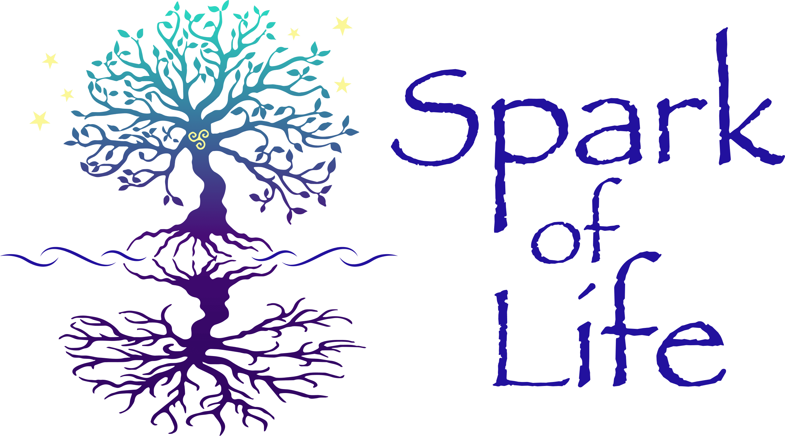 Rond logo van Spark of Life met levensboom, wortels en sterren – symbool voor persoonlijke groei, energie en vitaliteit.